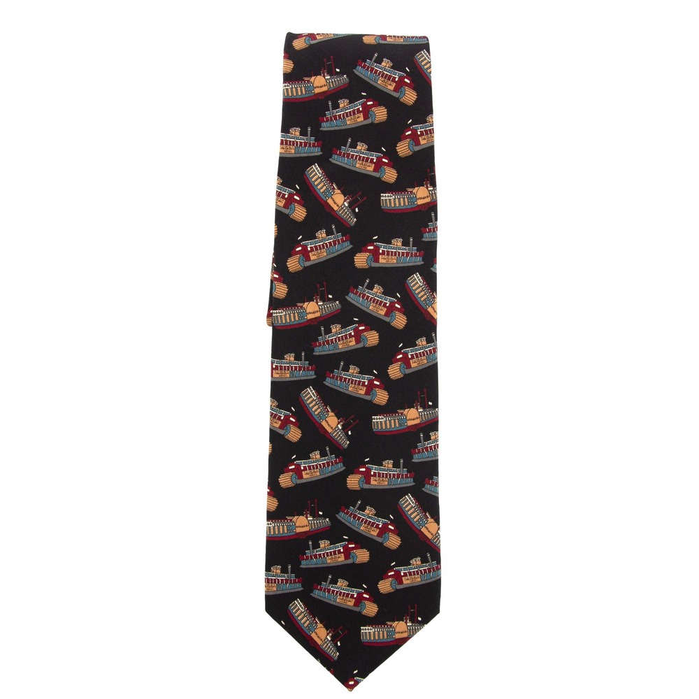 Pagliano Milan New York Silk Necktie Black Riverboat Paddle Steamer Novelty Tie